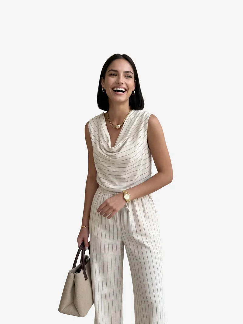 MY FASHION Natural MY FASHION High Waist Striped Cowl Neck Two-Piece Set for Women | Best Price UAE